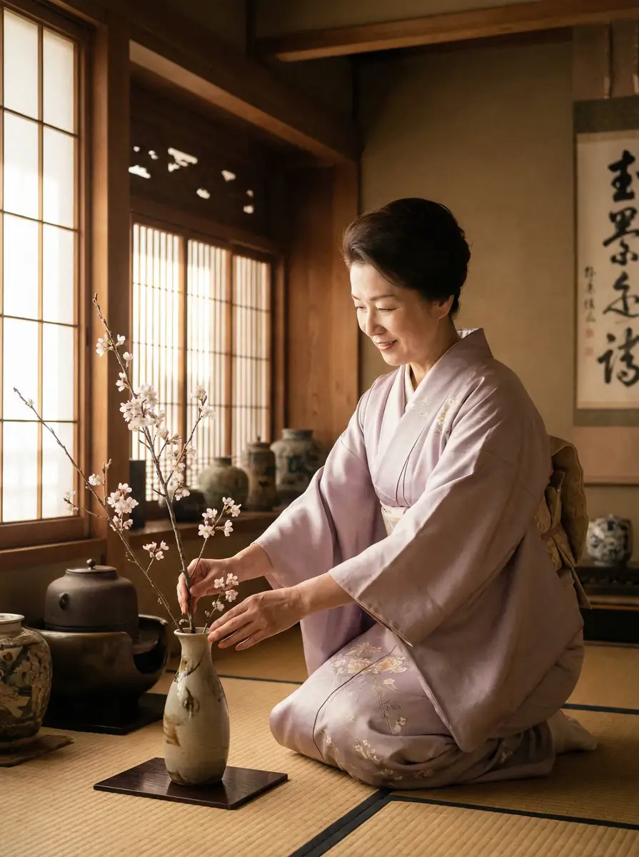 一位优雅的 吉祥坊平台 在和室中插花